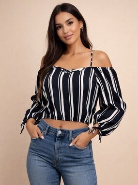 Point Zero Black White Striped Off Shoulder Crop Top Medium | Puff Sleeve Blouse